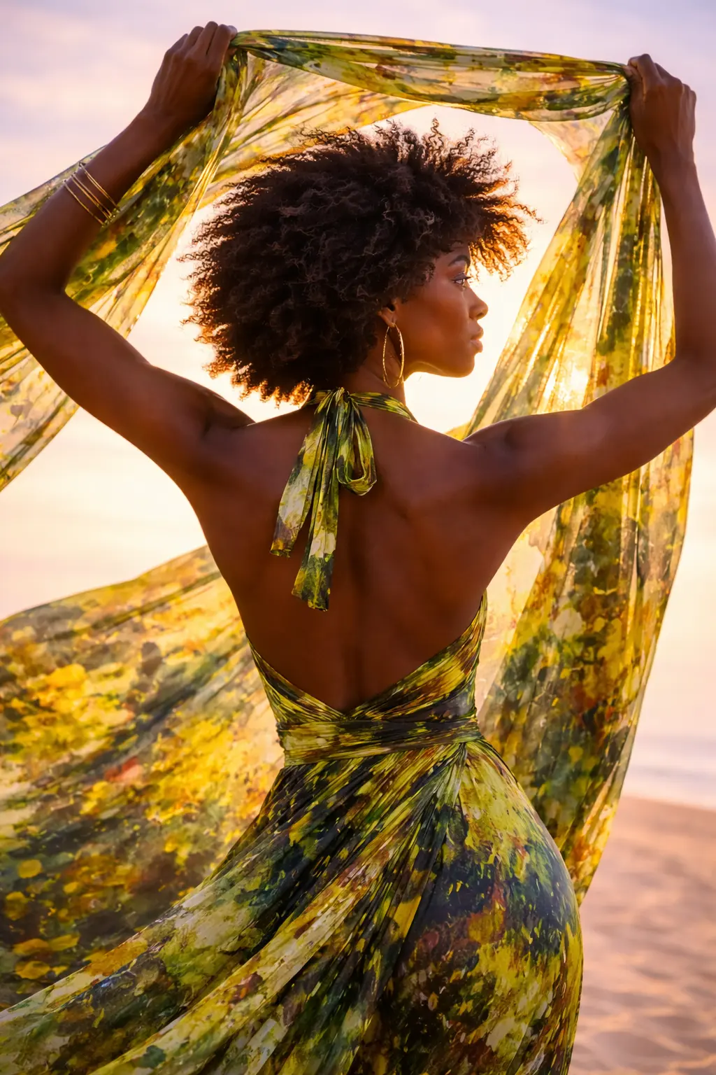 Schwarzes Model steht in der Wüste und hält ihr Seidenkleid mit abstraktem grünem Muster gegen die Sonne, Visualisierung einer Modelinie mit den Gemälden von Nicole Wessels, Künstlerin aus Hamburg, ars niwe